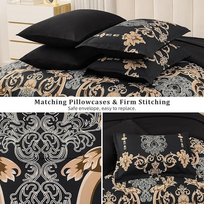 Mybedsoul Black Queen Comforter Set, 7 Pieces Gold Boho Bed in a Bag for Queen Bed, Damask Comforter with Sheets Pillowcases, Soft Microfiber Lightweight Bedding Sets for All Season(90"x90")