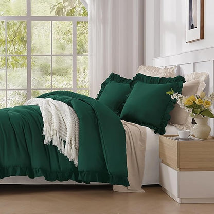 Andency Dark Emerald Green Comforter Set Queen, 3 Pieces Solid Ruffle Farmhouse Bedding Set for Queen Bed, Lightweight Soft Ruffled Bed Comforter Set for All Seasons