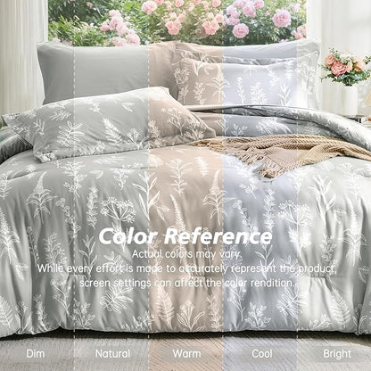 MUXHOMO Silver Grey Full Comforter Set, Elegant Floral Print Bed in a Bag 7 Pieces, Ultra Soft & Breathable Reversible Botanical Pattern Bedding Set with Comforter, Sheets, Pillowcases, and Shams