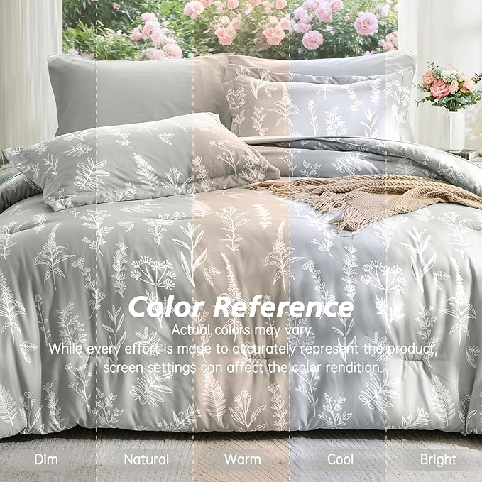 MUXHOMO Silver Grey Bed in a Bag Queen 7 Pieces, Queen Comforter Set Reversible Botanical Flowers Design, Ultra Soft & Breathable Bedding Sets with Comforter, Sheets, Pillowcases & Shams