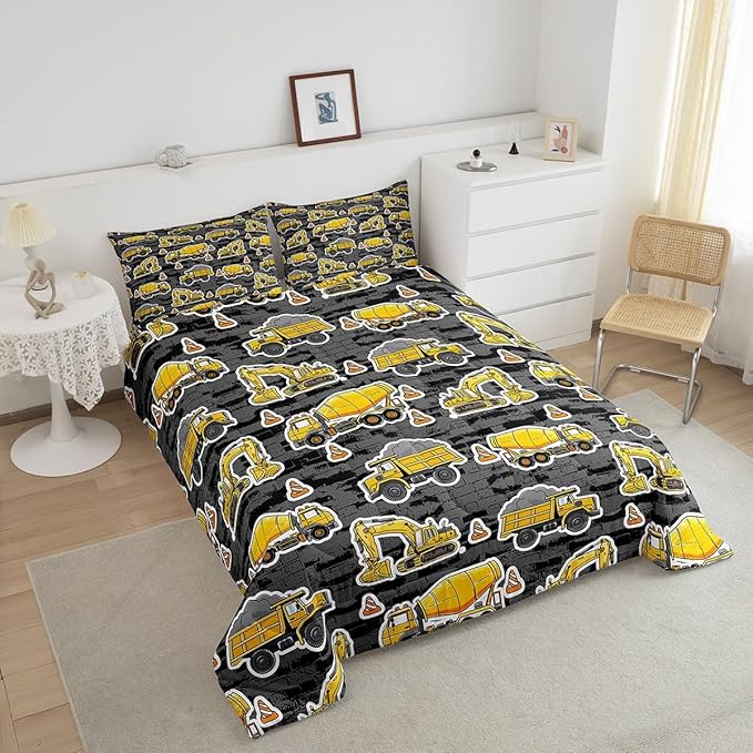 Erosebridal Excavator Comforter Set King Concrete Truck Pattern Bedding Set Child Teens Construction Down Comforter for Kids Boys Cartoon Toy Cars Quilt Set Bedroom Decor, Grey