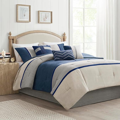 Madison Park Palisades Comforter Set Modern Faux Suede Pieced Stripe Design, All Season Down Alternative Cozy Bedding with Matching Shams, Decorative Pillows, King(104"x92"), Blue 7 Piece