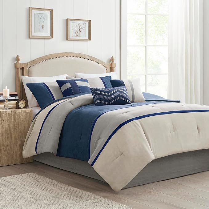 Madison Park Palisades Comforter Set Modern Faux Suede Pieced Stripe Design, All Season Down Alternative Cozy Bedding with Matching Shams, Decorative Pillows, Queen(90"x90"), Multicolor, 7pcs
