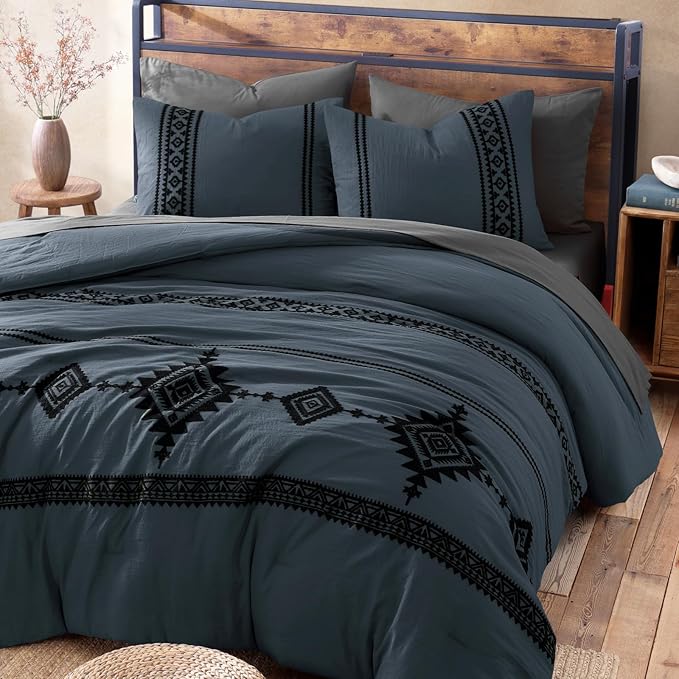 MaiRêve Embroidery Queen Size Comforter Set Blue Grey, Boho Farmhouse Western Bedding Set 7 Pieces, All Season Bed in A Bag Comforter Set with Sheets, Pillowcases & Shams
