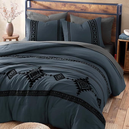 MaiRêve Embroidery King Size Comforter Set Blue Grey, Boho Farmhouse Western Bedding Set 7 Pieces, All Season Bed in A Bag Comforter Set with Sheets, Pillowcases & Shams