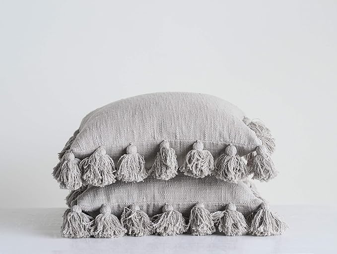 Grey Square Cotton Pillow with Tassels