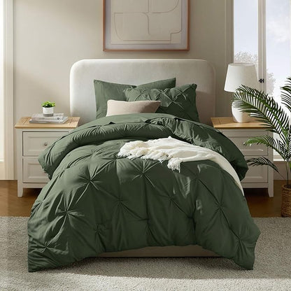 Nestl Twin XL Comforter Set 5 Piece - Pintuck Twin XL Bedding Set Olive Green, College Dorm Essentials Bed in a Bag, Twin XL Comforter Set for College Girls and Boys with Sheets, Pillowcase and Sham
