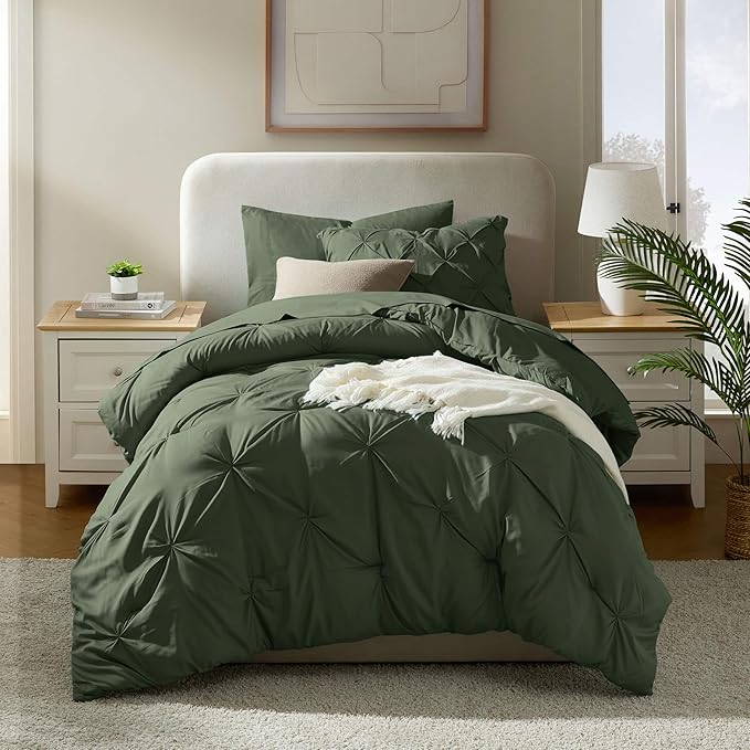 Nestl Twin Comforter Set 5 Piece - Pintuck Twin Bedding Sets Olive Green, College Dorm Essentials for Girls and Boys Bed in a Bag Twin All Season, Twin Comforter Set with Sheets, Pillowcase and Sham