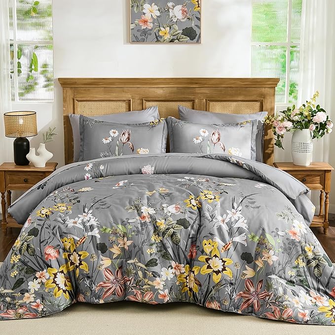 WONGS BEDDING Queen Comforter Set 7 Piece, Grey Floral Bed in a Bag Bedding Set with Botanical Flowers Patterns, Soft Lightweight Complete Comforters with Sheets for All Season