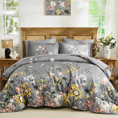 WONGS BEDDING King Comforter Set 7 Piece, Grey Floral Bed in a Bag Bedding Set with Botanical Flowers Patterns, Soft Lightweight Complete Comforters with Sheets for All Season