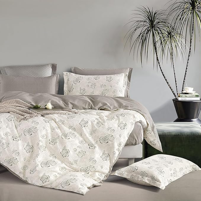 Vintage Botanical Cotton Comforter Queen Size 3PC - Elegant Floral Sketch on Ivory White with Tan Herringbone Reverse – Reversible Lightweight Comforter Set with Soft Fill(90"×90")