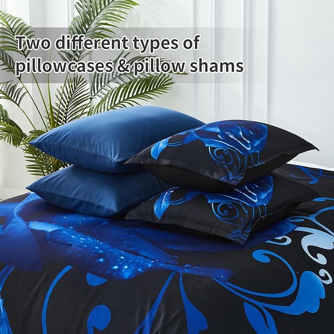 Blue Comforter Set California King 7 Piece Bed in a Bag Blue Rose Comforter with Sheet Set Soft Micorfiber Reversible Bedding Set (1 Comforter,2 Pillow Shams,1 Flat Sheet,1 Fitted Sheet,2 Pillowcases)
