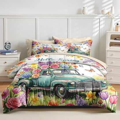 Nesker 5 Pcs Spring Comforter Set Twin Size, Truck Flowers Butterfly Farmhouse Roses Bedding Set for Kids and Adults, Truck Bed Sheet Sets with Fitted Sheet Pillowcase & Sham