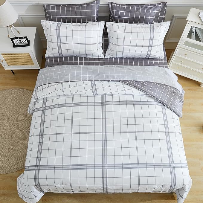 EMME Twin Comforter Set-Bed in A Bag Plaid, 5 Piece Bedding Sets with Black White Comforter, Sheets, Pillowcase&Sham,Soft Microfiber Down Alternative for All Season