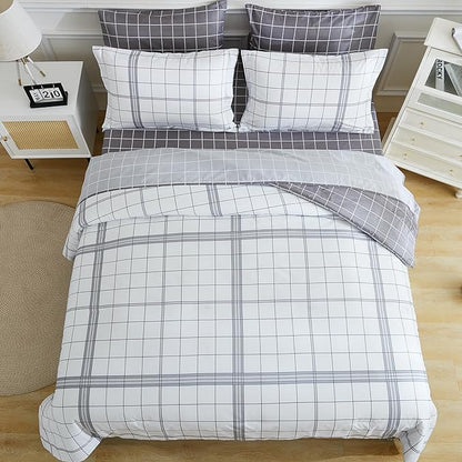 EMME Twin Comforter Set-Bed in A Bag Plaid, 5 Piece Bedding Sets with Black White Comforter, Sheets, Pillowcase&Sham,Soft Microfiber Down Alternative for All Season