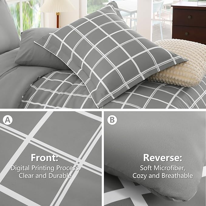 CozyLux King Size Comforter Set Grey - 7 Pieces Plaid Bed in a Bag Set, Soft Bed Set King Bedding Sets with All Season Quilted Comforter, Flat Sheet, Fitted Sheet, Pillowcases & Pillow Shams