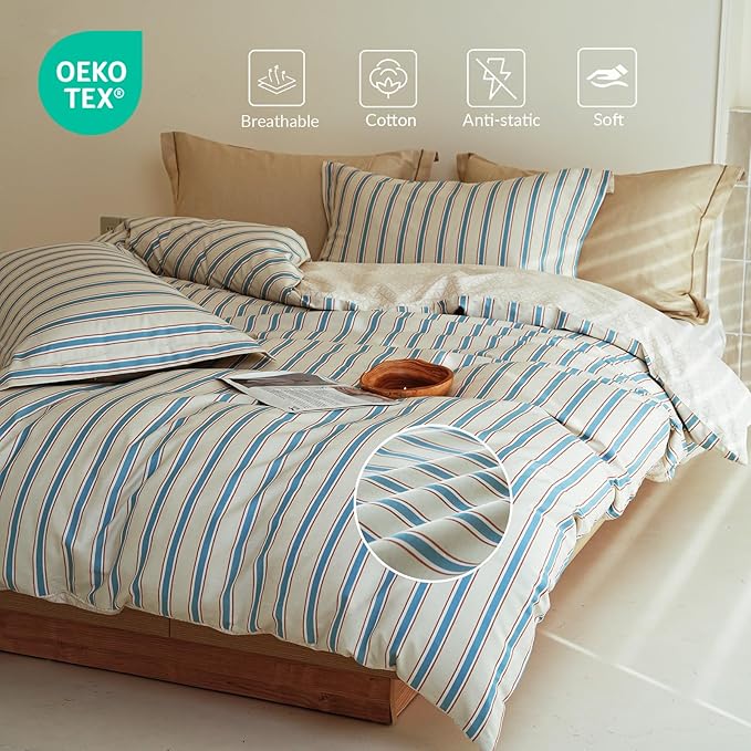 King Size Cotton Comforter Set, 3Pcs Blue Beige Striped Duvet for All Seasons, Luxury Warmth Breathable Bedding Set with 1 Lightweight Comforter and 2 Pillow Shams