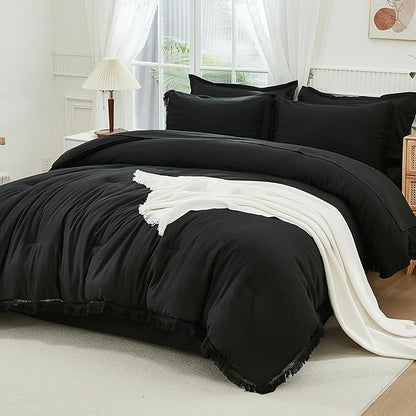 Andency Black King Size Comforter Set with Sheets - 7 Pieces Boho Tassel Bed in a Bag Soft Lightweight Bedding Sets, Black Fringe Bed Set with Comforter, Sheets, Pillowcases & Shams