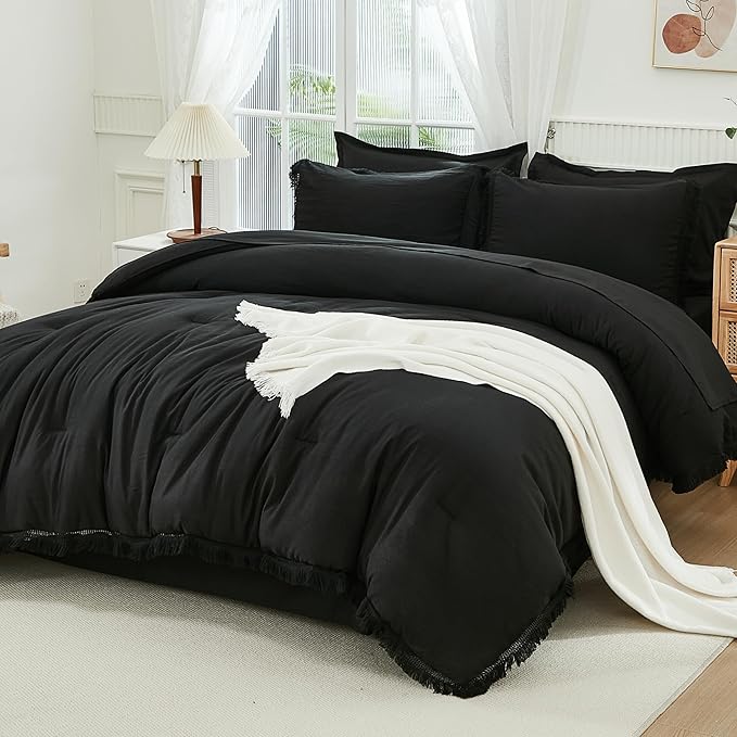 Andency Black Queen Size Comforter Set with Sheets - 7 Pieces Boho Tassel Bed in a Bag Soft Lightweight Bedding Sets, Black Fringe Bed Set with Comforter, Sheets, Pillowcases & Shams