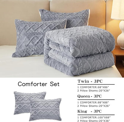 Joyreap 3-Piece Fluffy Faux Fur Sherpa Comforter Set Light Gray, Twin Size Luxury Tufted Bedding Comforter Set, All Season Soft n Cozy Plush Comforter Bed Set- 68x86 inches