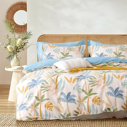 Tropical Coastal Blue Cotton Comforter Twin Size 2Pcs - Bright Orange, Olive Green & Beige Palm and Leaf Patterns, Botanical Lightweight Reversible Bedding Sets with Soft Fill(68"×90")