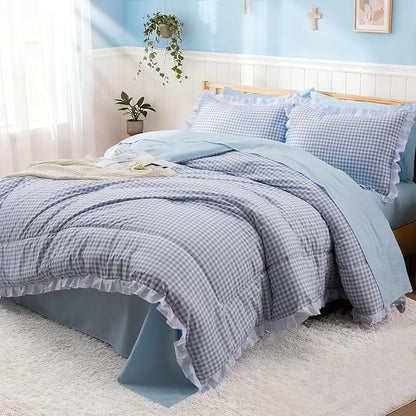 A Nice Night 5 Pieces Lightweight Soft Rustic Blue Ruffle Comforter, Plaid Checkered Chic Bedding Comforter Set for Queen Bed