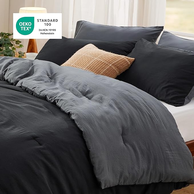 Bedsure Queen Comforter Set, Black Grey Soft Prewashed Bedding for All Seasons, 3 Pieces GentleSoft™ Bed Set, 1 Lightweight Comforter (90"x90") and 2 Pillowcases (20"x26")
