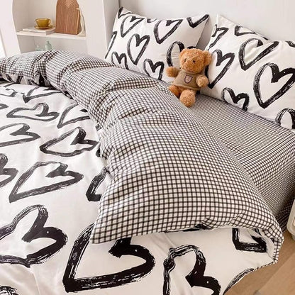 Pureant Love Comforter Set Twin Black and White Comforter Cotton Boho Black Quilts Women Men Heart Shaped Comforters Boys Teens Kawaii Comforter Cute Soft White Bedding Love Heart Twin Size Bedding