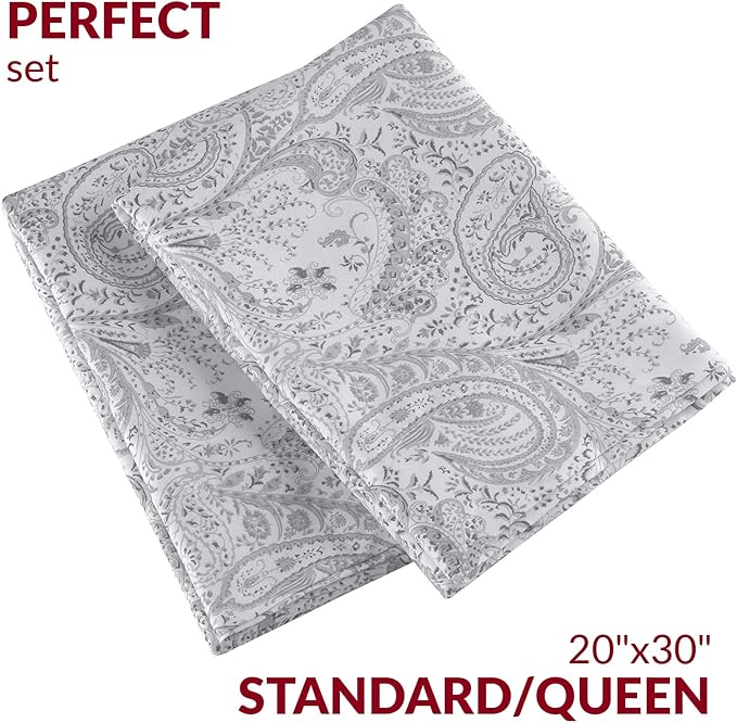 Mellanni Pillow Cases - Luxury, Extra Soft, Cooling Pillow Covers - 2 PC Iconic Collection Pillowcases - Envelope Closure (Standard/Queen 20" x 30", Paisley Gray)