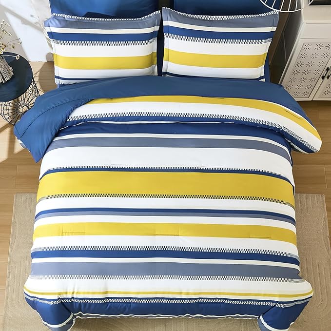 WONGS BEDDING Blue Comforter Queen Size Set, 7 Pieces Bed in a Bag Blue and Yellow Comforter Set, Soft Boho Striped Bedding Sets with Sheets, Pillowcases & Shams