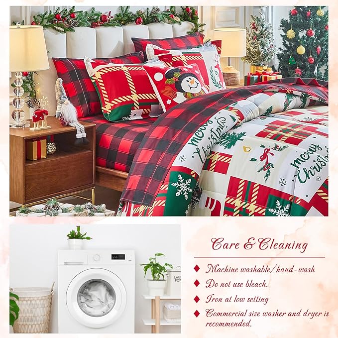 Christmas Patchwork Bed in a Bag 6 Pcs Twin Size, Colorful Festival Pattern Plaid Bedding Comforter Set Warm for Winter(1 Comforter, 1 Flat Sheet, 1 Fitted Sheet, 2 Pillow Shams, 1 Pillowcase)