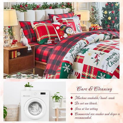 Christmas Patchwork Bed in a Bag 6 Pcs Twin Size, Colorful Festival Pattern Plaid Bedding Comforter Set Warm for Winter(1 Comforter, 1 Flat Sheet, 1 Fitted Sheet, 2 Pillow Shams, 1 Pillowcase)
