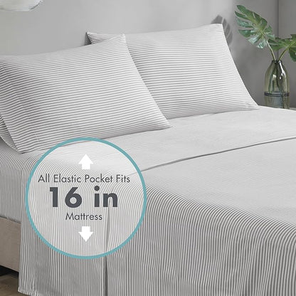 Madison Park Essentials Queen Comforter Set, Bed in A Bag Comforter & Sheet Set, Modern Casual Stripes Print, All Seasons, Soft Microfiber Bedding Makeover, Matching Shams, Queen Aqua/Grey 7 Piece