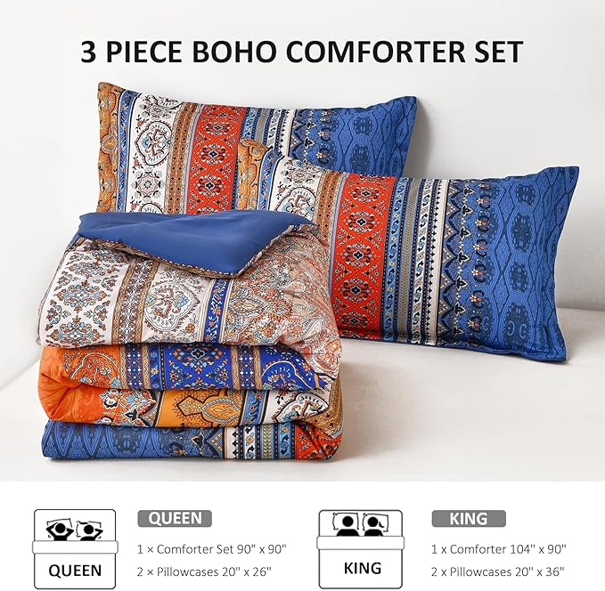Goodidea Boho Comforter Queen Size, 3 Piece Blue Orange Bohemian Striped Western Comforter Set, Ultra Soft Lightweight Microfiber Boho Hippie Bedding Set with 2 Pillow Shams for All Seasons
