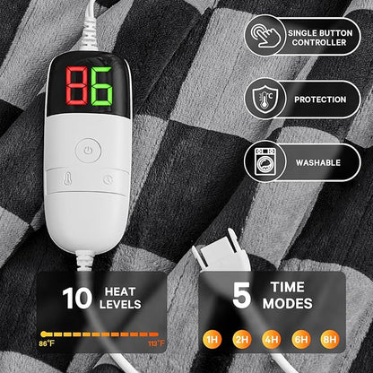 Heated Electric Blanket Throw, 50X60 Heating Blanket with 10 Heat Level & 8 Hours Auto Off for Lap, Black Gray Checkered Plaid Soft Sherpa Blankets Warmer Gifts for Couch Grandma Women Adults