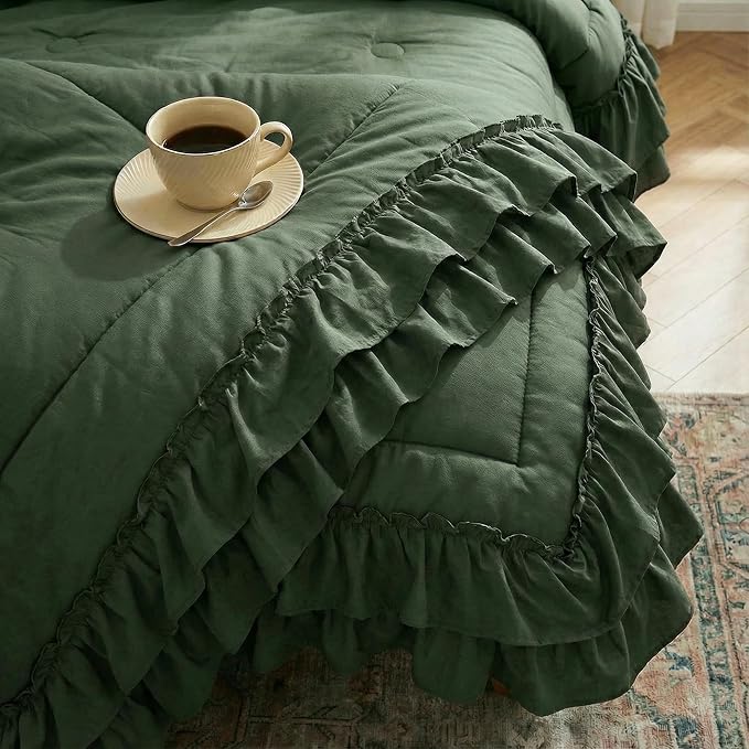 Olive Green Comforter Set King Boho Bedding Set Shabby Chic 2 Layers Ruffled Bedroom Home Decor Ultra Soft Microfiber Farmhouse Down Comforter Bohemian Quilt Set
