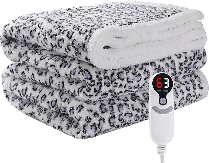 Electric Heated Blanket Throw Size 50"×60" with 9 Heating Levels & 1-10 Hs auto Off, Heating Throw Double Sided Sherpa, Energy Efficient, Machine Washable, Leopard Print Blue & White