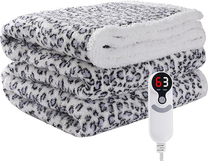 Electric Heated Blanket Throw Size 50"×60" with 9 Heating Levels & 1-10 Hs auto Off, Heating Throw Double Sided Sherpa, Energy Efficient, Machine Washable, Leopard Print Blue & White