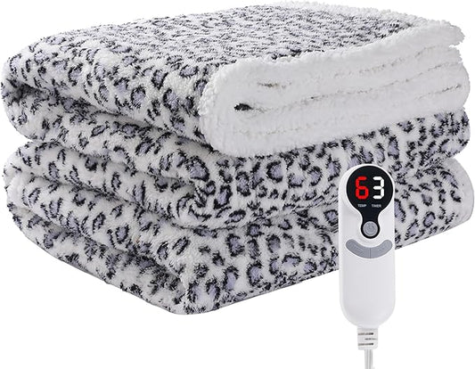 Electric Heated Blanket Throw Size 50"×60" with 9 Heating Levels & 1-10 Hs auto Off, Heating Throw Double Sided Sherpa, Energy Efficient, Machine Washable, Leopard Print Blue & White