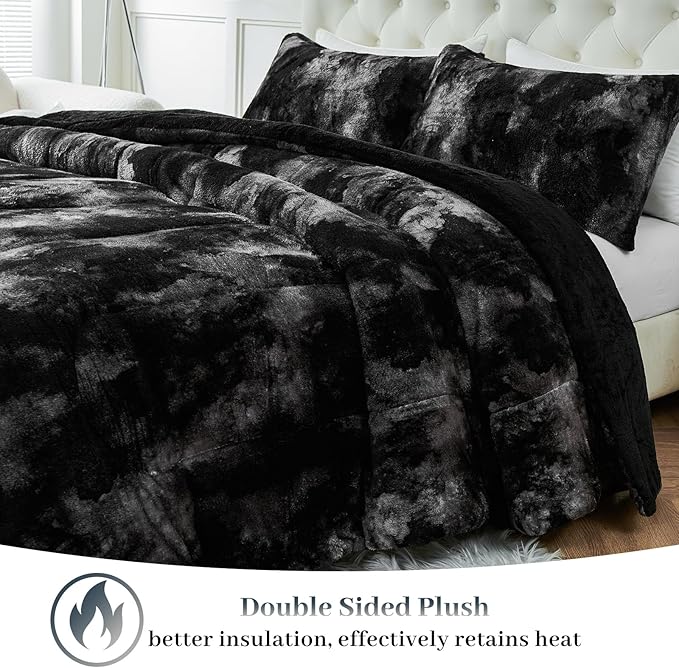 YIYEA Fluffy Queen Size Comforter Set, Luxury Faux Fur Comforter, Ultra Soft Plush Fuzzy Velvet Bedding Comforter Sets for Fall Winter, Cozy Warmth, No Shedding, 3PC, Queen