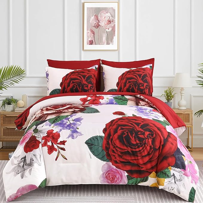 Drucon Red Floral Comforter Queen Size 7 Pieces Valentine's Day Bedding Sets Bed in a Bag, Botanical Floral Comforter with Sheet Set, Soft Microfiber Bedding Set for All Season (Red, 90"x90")