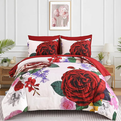 Drucon Red Floral Comforter Queen Size 7 Pieces Valentine's Day Bedding Sets Bed in a Bag, Botanical Floral Comforter with Sheet Set, Soft Microfiber Bedding Set for All Season (Red, 90"x90")
