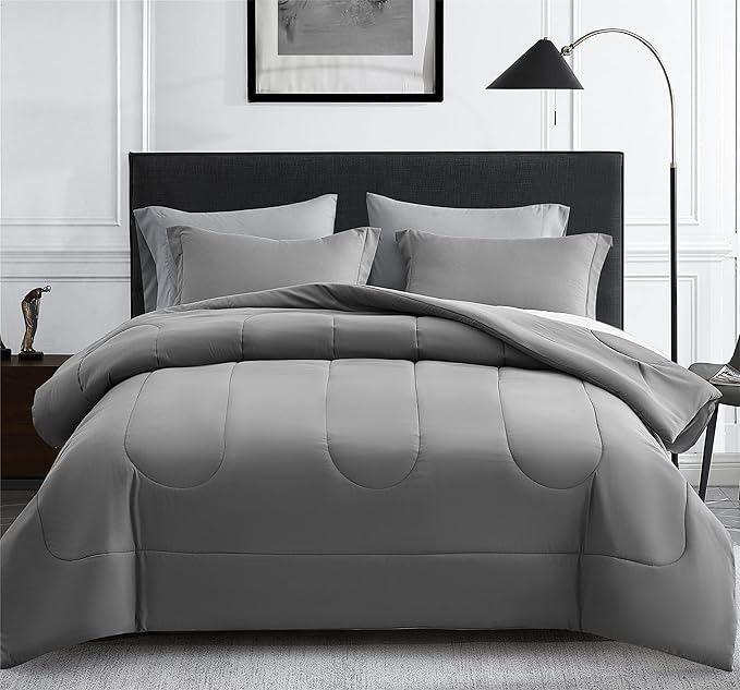 Maple&Stone Twin XL Comforter Set 5 Pieces Bed in a Bag - Down Alternative Bed Set with Sheets, Pillowcase & Sham, Soft Reversible Duvet Insert for Twin XL Bed, Dark Grey & Light Grey