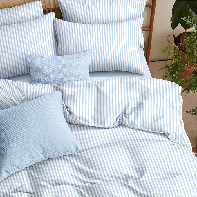Nayoroom Blue Striped Comforter Set Queen Size White Stripe Comforter 3 Pieces Girls Soft Lightweight Pinstripe Dorm Bedding Set for All Seasons