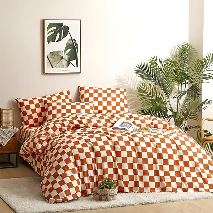 CLOTHKNOW Orange Plaid King Size Comforter Set Grid Bedding Comforter Sets Soft Lightweight Caramel Comforter King Checker Comforter