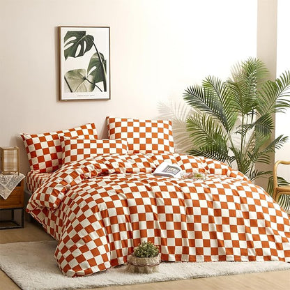 CLOTHKNOW Orange Plaid Queen Comforter Set Grid Bedding Comforter Sets Soft Checker Queen Comforter Burnt Orange Queen Size Comforter Sets