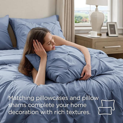 Bedsure Full Comforter Set Slate Blue - Bed in a Bag Full Size Bedding Set 7 Pieces, GentleSoft™ Pintuck Bed Set Gift for Family, Pinch Pleat All Season Comforter with Sheets, Pillowcases & Shams