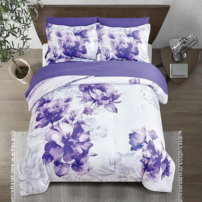 Sunshine Nicole Soft Brushed Microfiber Comforter Set, 7 Pieces Queen, with Light Weight Soft Poly Fill, Printed Dark Purple Big Florals Face with Print Reverse