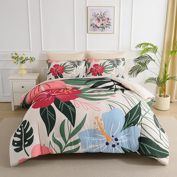 Yogeneg 7 Piece Bed in a Bag King Size Comforter Set Beige Bedding Set,Pink Floral Green Leaves Pattern Reversible Design,Soft Microfiber Comforter with Sheet Set,All Season(Beige,King)