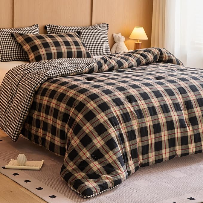 100% Cotton Comforter Set Full Size – Reversible Yarn-Dyed Checkered Design, Soft Washed Cotton on Both Sides, Lightweight All-Season Bedding, Machine Washable(Black Red Plaid, 80”x90”)